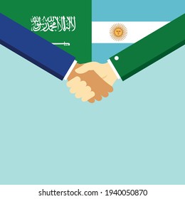 The handshake and two flags Saudi Arabia and Argentina. Flat style vector illustration.