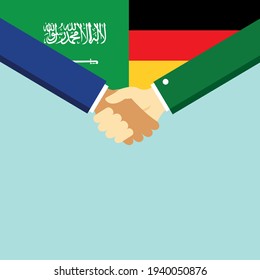 Der Handschlag und zwei Flaggen Saudi-Arabien und Deutsch. Flache Vektorgrafik.