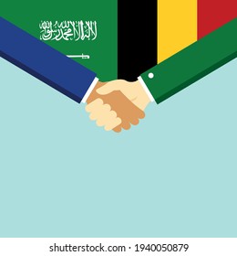 The handshake and two flags Saudi Arabia and Belgium. Flat style vector illustration.