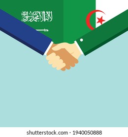 El apretón de manos y dos banderas son Arabia Saudita y Argelia. Ilustración vectorial de estilo plano.