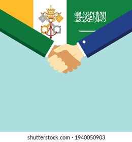 El apretón de manos y dos banderas son Arabia Saudita y el Vaticano. Ilustración vectorial de estilo plano.