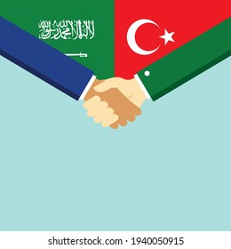 Der Handschlag und zwei Flaggen Saudi-Arabien und die Türkei. Flache Vektorgrafik.