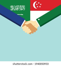 El apretón de manos y dos banderas son Arabia Saudita y Singapur. Ilustración vectorial de estilo plano.