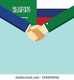 Der Handschlag und zwei Flaggen Saudi-Arabien und Russland. Flache Vektorgrafik.
