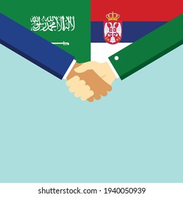 El apretón de manos y dos banderas son Arabia Saudita y Serbia. Ilustración vectorial de estilo plano.