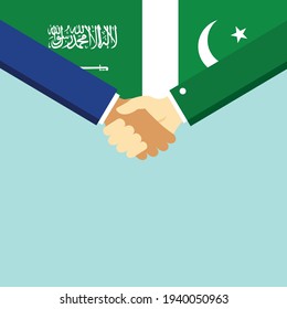 El apretón de manos y dos banderas son Arabia Saudita y Pakistán. Ilustración vectorial de estilo plano.