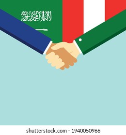 El apretón de manos y dos banderas son Arabia Saudita y Perú. Ilustración vectorial de estilo plano.