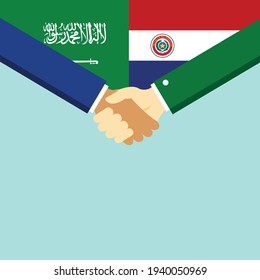 The handshake and two flags Saudi Arabia and Paraguay. Flat style vector illustration.