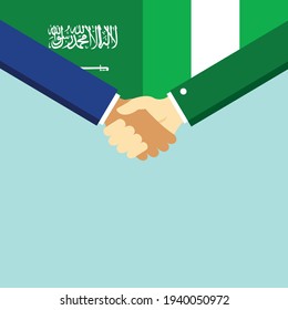 Der Handschlag und zwei Flaggen Saudi-Arabien und Nigeria. Flache Vektorgrafik.