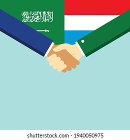 The handshake and two flags Saudi Arabia and Luxembourg. Flat style vector illustration.