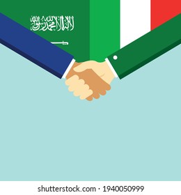 The handshake and two flags Saudi Arabia and Italy. Flat style vector illustration.