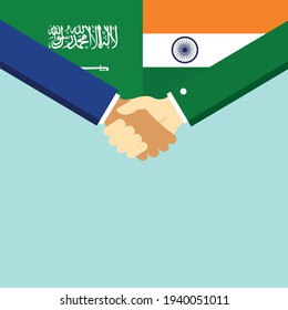 El apretón de manos y dos banderas son Arabia Saudita e India. Ilustración vectorial de estilo plano.