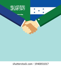 The handshake and two flags Saudi Arabia and Honduras. Flat style vector illustration.