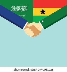 El apretón de manos y dos banderas son Arabia Saudita y Ghana. Ilustración vectorial de estilo plano.