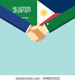 El apretón de manos y dos banderas son Arabia Saudita y Filipinas. Ilustración vectorial de estilo plano.