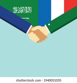 El apretón de manos y dos banderas son Arabia Saudita y Francia. Ilustración vectorial de estilo plano.