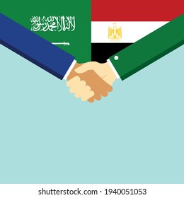 El apretón de manos y dos banderas son Arabia Saudita y Egipto. Ilustración vectorial de estilo plano.
