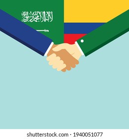 The handshake and two flags Saudi Arabia and Colombia. Flat style vector illustration.