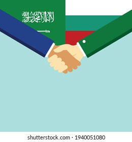 The handshake and two flags Saudi Arabia and Bulgaria. Flat style vector illustration.