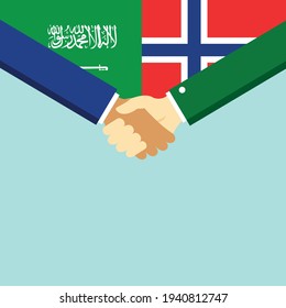 El apretón de manos y dos banderas son Arabia Saudita y Noruega. Ilustración vectorial de estilo plano.