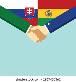 The handshake and two flags Slovakia and Bolivia. Flat style vector illustration.