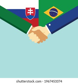 The handshake and two flags Slovakia and Brazil. Flat style vector illustration.