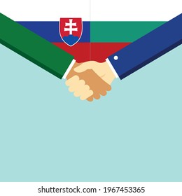 The handshake and two flags Slovakia and Bulgaria. Flat style vector illustration.
