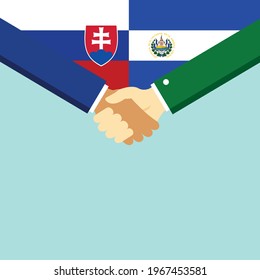 The handshake and two flags Slovakia and El Salvador. Flat style vector illustration.