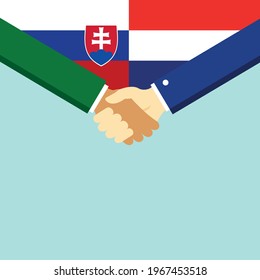 El apretón de manos y dos banderas Eslovaquia y Holanda. Ilustración vectorial de estilo plano.
