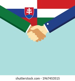 The handshake and two flags Slovakia and Hungary. Flat style vector illustration.