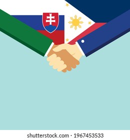 El apretón de manos y dos banderas son Eslovaquia y Filipinas. Ilustración vectorial de estilo plano.