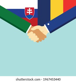 The handshake and two flags Slovakia and Romania. Flat style vector illustration.