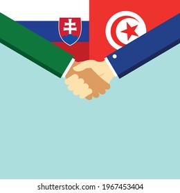 Der Handschlag und zwei Flaggen Slowakei und Tunesien. Flache Vektorgrafik.