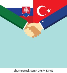 El apretón de manos y dos banderas Eslovaquia y Turquía. Ilustración vectorial de estilo plano.