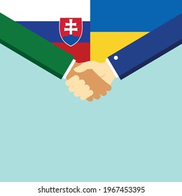 The handshake and two flags Slovakia and Ukraine. Flat style vector illustration.