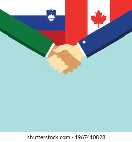 The handshake and two flags Slovenia and Canada. Flat style vector illustration.