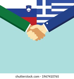 The handshake and two flags Slovenia and Greece. Flat style vector illustration.