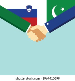 The handshake and two flags Slovenia and Pakistan. Flat style vector illustration.