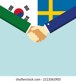 El apretón de manos y dos banderas: Corea del Sur y Suecia. Ilustración