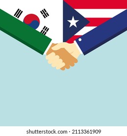 The handshake and two flags: South Korea and Puerto Rico. Illustration