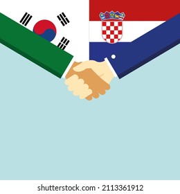 Der Handschlag und zwei Flaggen: Südkorea und Kroatien. Illustration