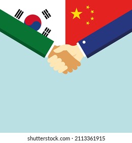 The handshake and two flags: South Korea and China. Illustration