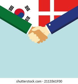 El apretón de manos y dos banderas: Corea del Sur y Dinamarca. Ilustración