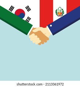 The handshake and two flags: South Korea and Peru. Illustration