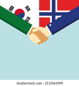 El apretón de manos y dos banderas: Corea del Sur y Noruega. Ilustración