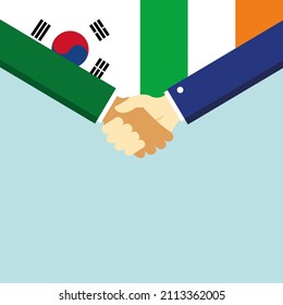 The handshake and two flags: South Korea and Ireland. Illustration
