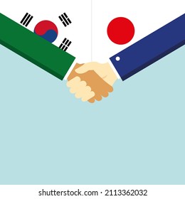 The handshake and two flags: South Korea and Japan. Illustration