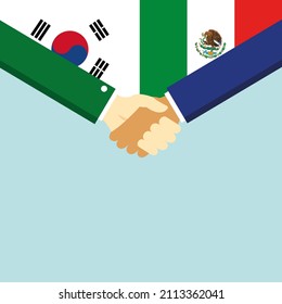 El apretón de manos y dos banderas: Corea del Sur y México. Ilustración
