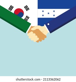 El apretón de manos y dos banderas: Corea del Sur y Honduras. Ilustración