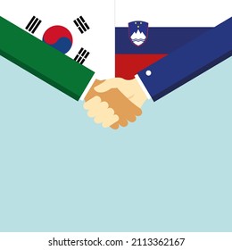 The handshake and two flags: South Korea and Slovenia. Illustration